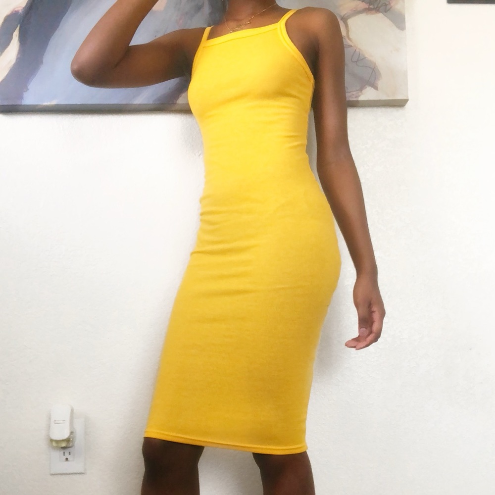 Bright Yellow Square Top Calf Length Dress